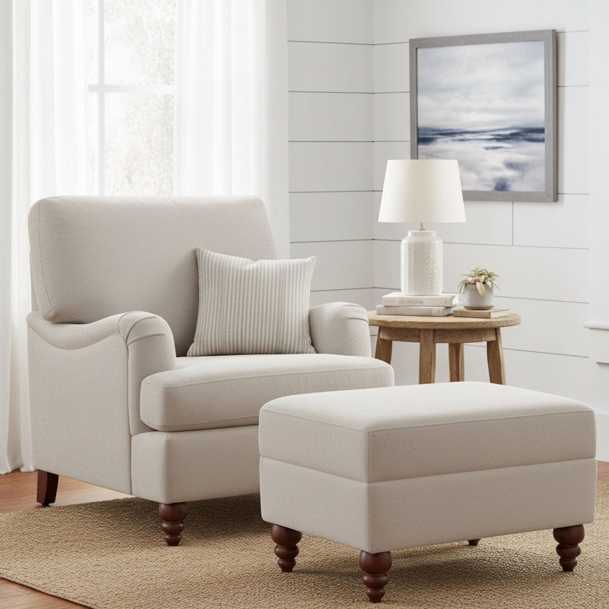Beige stationary chair and ottoman, English roll arms, upholstered, dark wood legs on Tampa Home & Garden Store