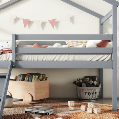 Low Loft House Bed With Slide and Guardrails