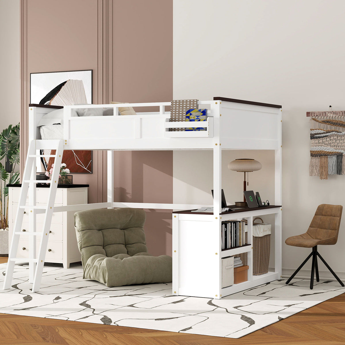 Queen-size white loft bed with desk, open shelf, storage box and USB charging station on Tampa Home & Garden Store