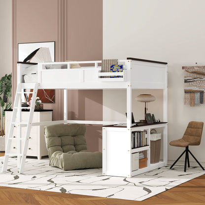 Queen-size white loft bed with desk, open shelf, storage box and USB charging station on Tampa Home & Garden Store