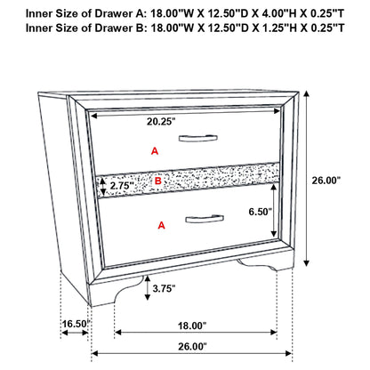 Corbin Glittering Bedroom Set 4‑Piece schematic by HouseOfZazla showing inner drawer dimensions on Tampa Home & Garden Store