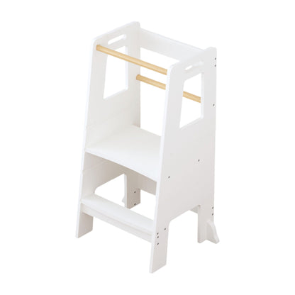 White Standing Tower Kitchen Step Stool with natural wood rails height adjustable on Tampa Home & Garden Store