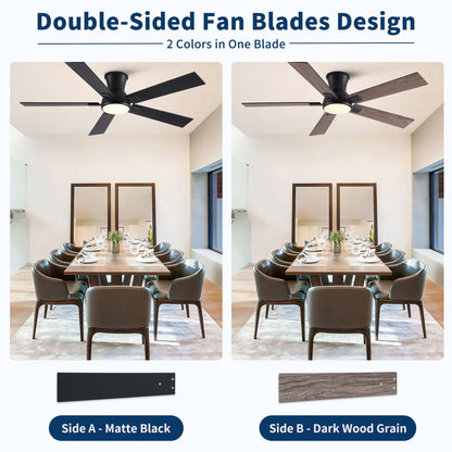 Ceiling fan by HouseOfZazla; lowprofile LED; matte black and dark wood grain options on Tampa Home & Garden Store