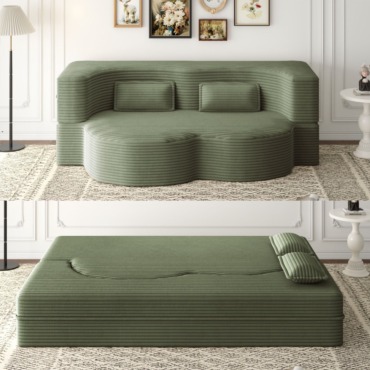 Convertible foam-filled sleeper futon sofa by HouseOfZazla in green with two pillows on Tampa Home & Garden Store
