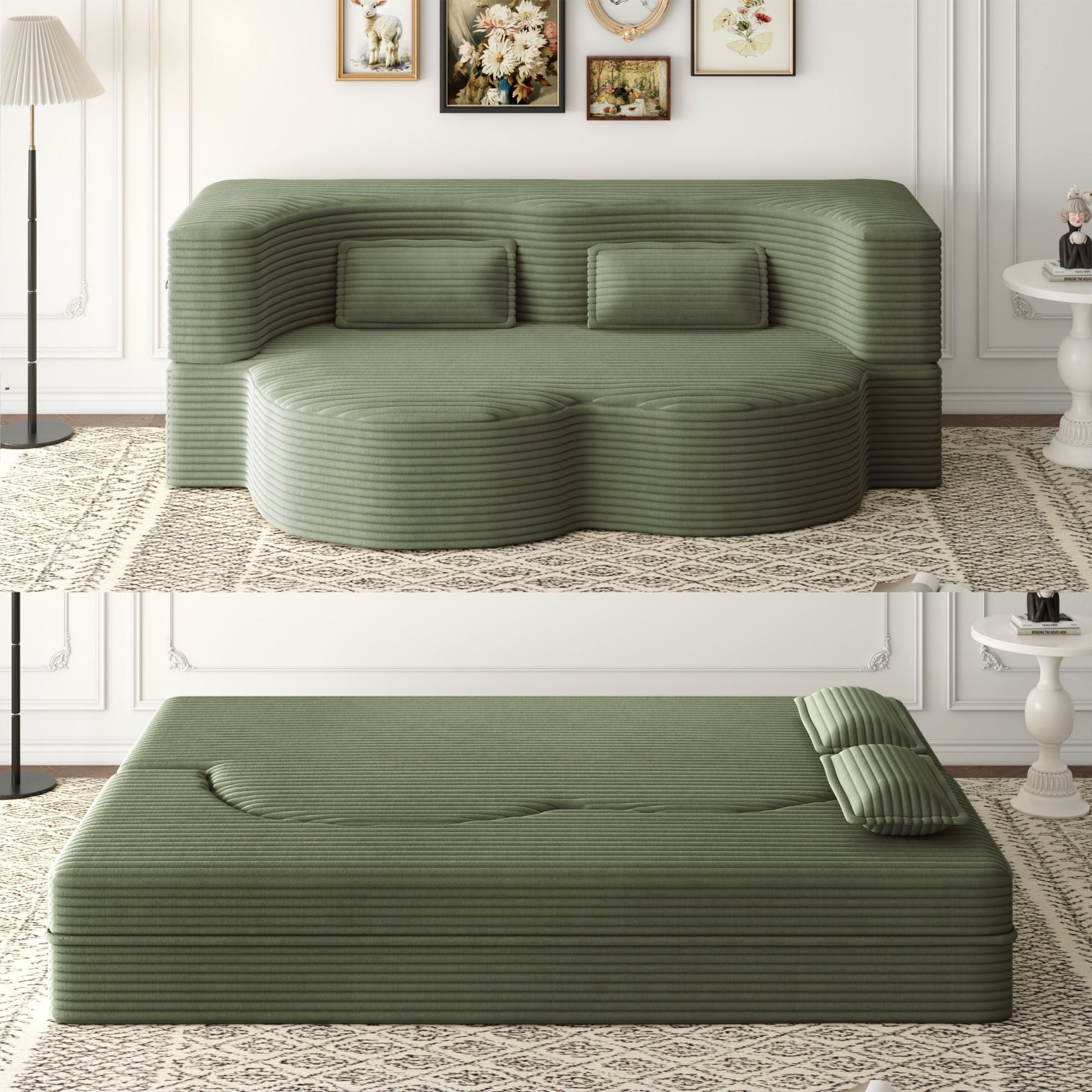 Convertible foam-filled sleeper futon sofa by HouseOfZazla in green with two pillows on Tampa Home & Garden Store