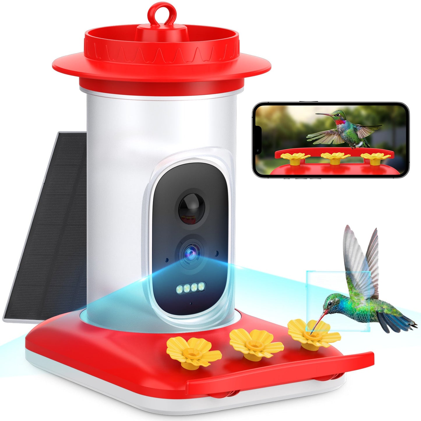 Smart Visual Hummingbird Water Feeder with 5MP outdoor HD camera, red base and flower ports on Tampa Home & Garden Store