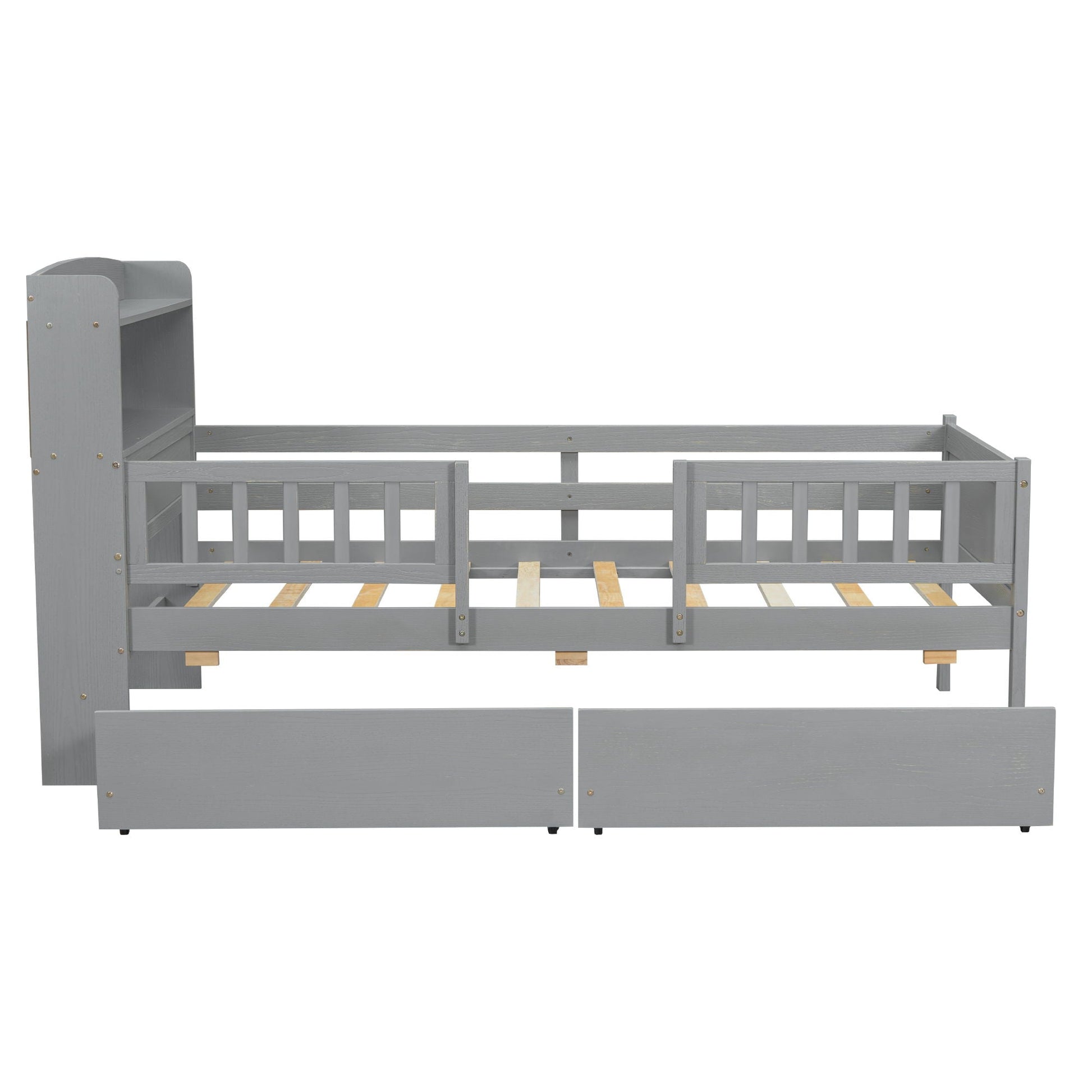 Platform bed with gray finish, guardrails, headboard shelf and two front drawers on Tampa Home & Garden Store