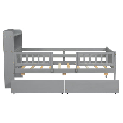 Platform bed with gray finish, guardrails, headboard shelf and two front drawers on Tampa Home & Garden Store