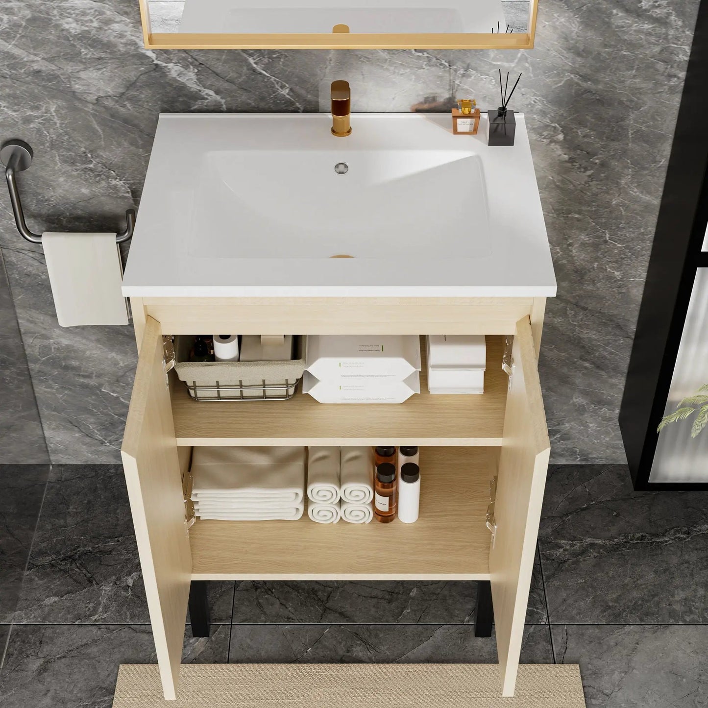 Bathroom Vanity with Ceramic Sink, natural wood cabinet and soft-close drawers Unique Piece on Tampa Home & Garden Store