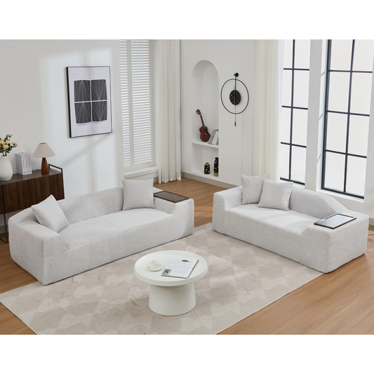 2 Piece Boucle Cloud Sofa Set by HouseOfZazla, light gray boucle sofas in a modern living room on Tampa Home & Garden Store
