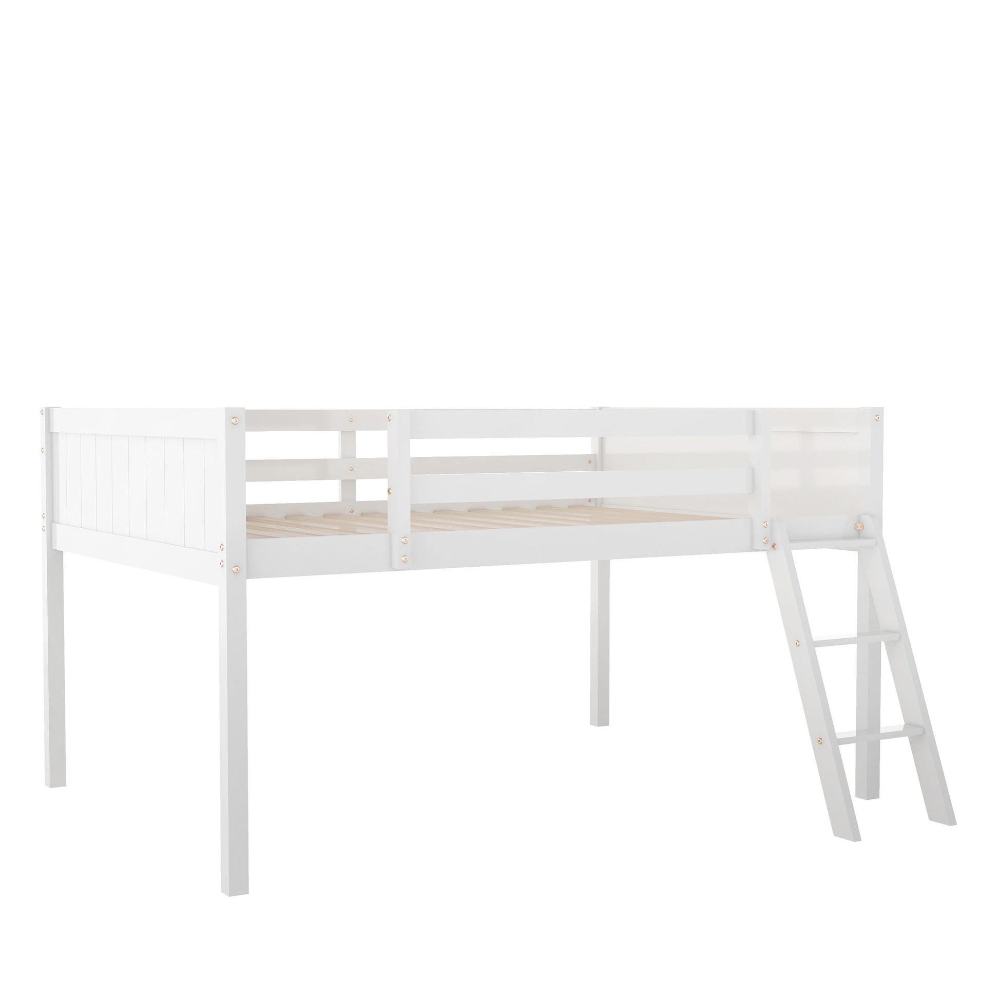 Low Loft Bed With Adjustable Ladder, white wooden frame, HouseOfZazla on Tampa Home & Garden Store