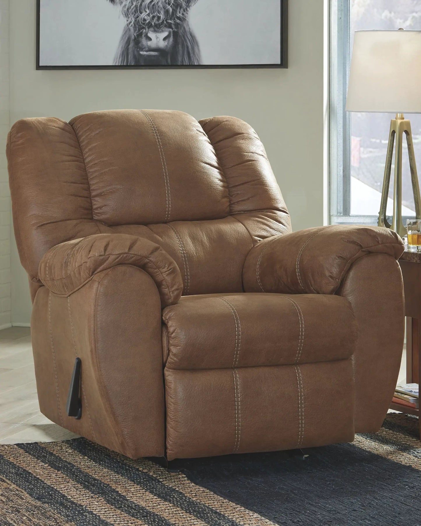 Rocker Recliner McGann by Unique Piece Furniture in tan brown leather with plush padded arms on Tampa Home & Garden Store