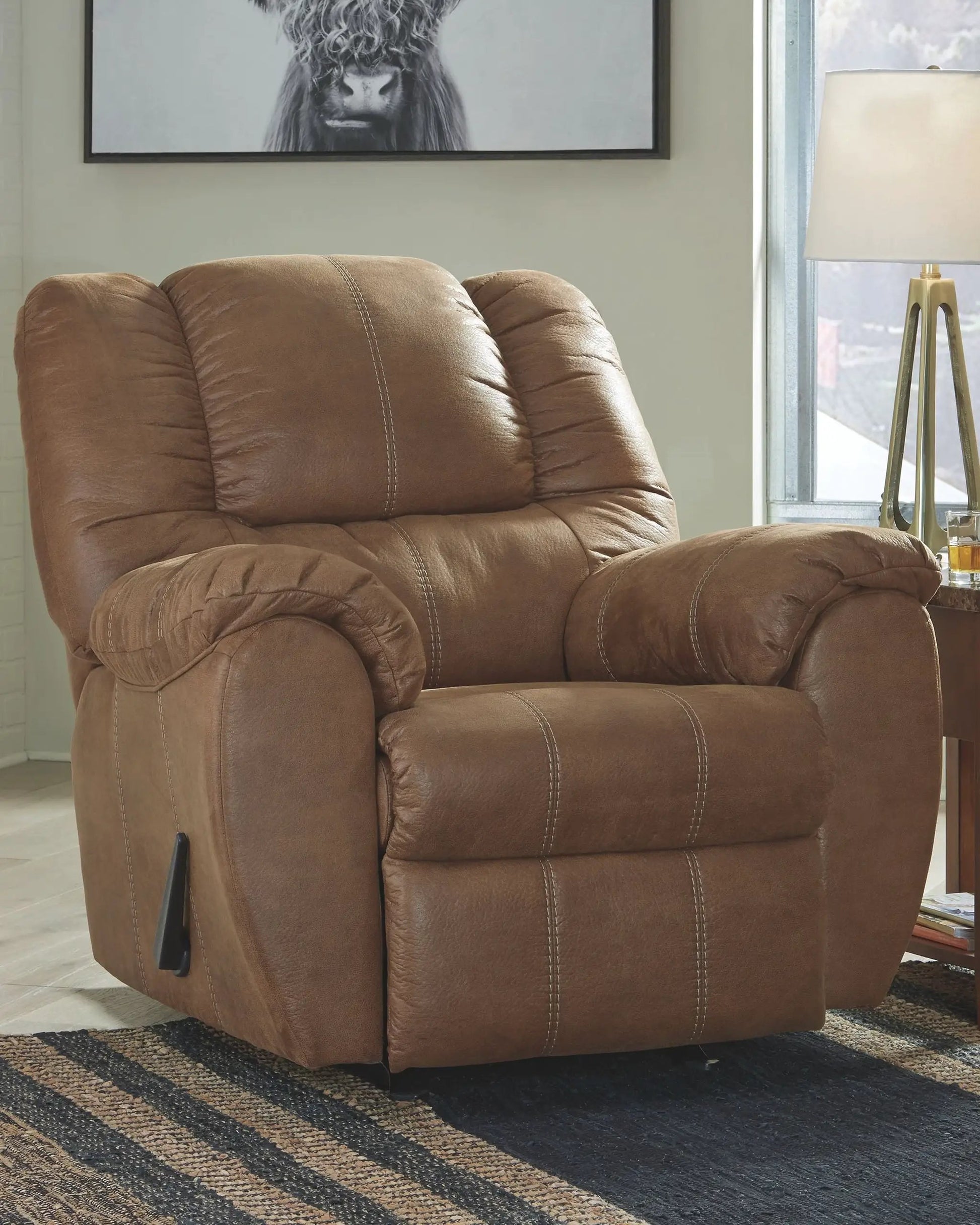 Rocker Recliner McGann by Unique Piece Furniture in tan brown leather with plush padded arms on Tampa Home & Garden Store