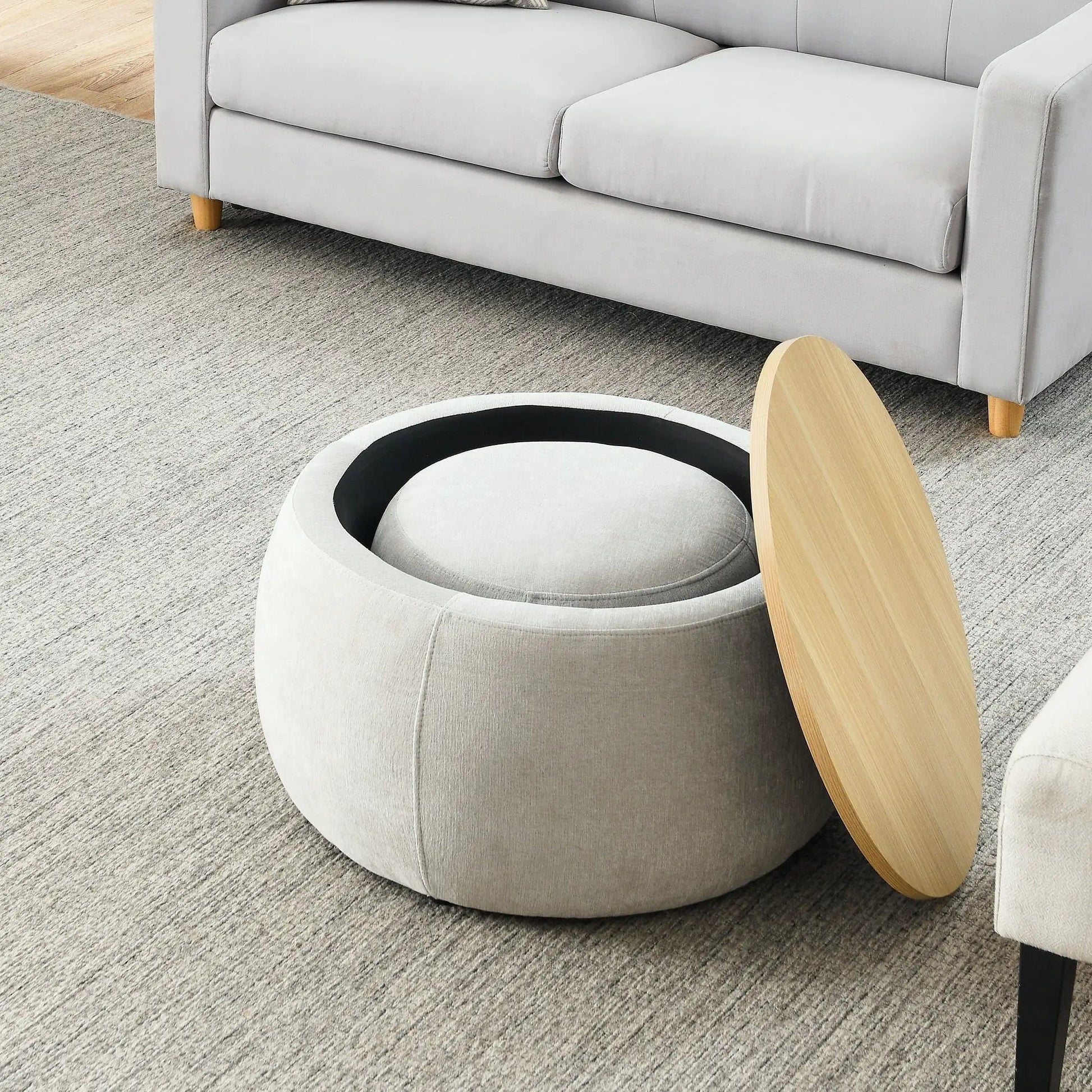 Round storage ottoman in light gray fabric; 2-in-1 end table ottoman, Unique Piece Furniture on Tampa Home & Garden Store