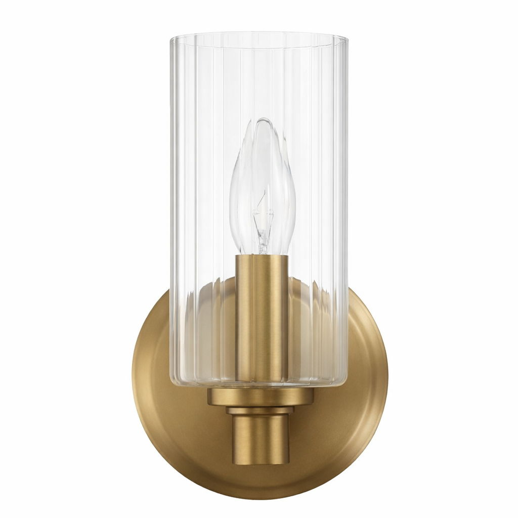 Jardin single-light wall sconce in brass gold finish with clear ribbed satin glass shade on Tampa Home & Garden Store