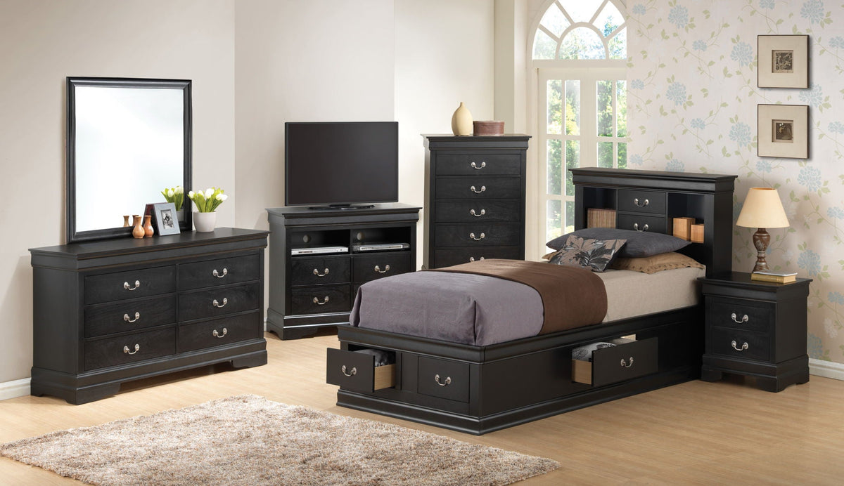 Traditional style bookcase storage bed by HouseOfZazla in black with under-bed drawers on Tampa Home & Garden Store