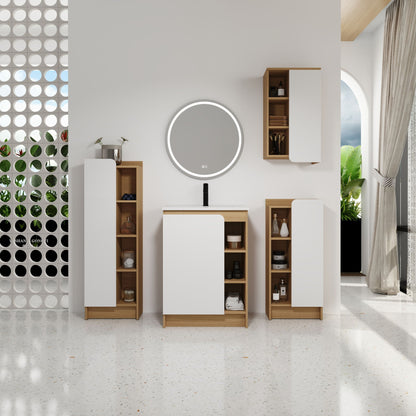 4 Piece Bathroom Vanity Set with Sink, white and light oak cabinetry, black faucet, round mirror on Tampa Home & Garden Store