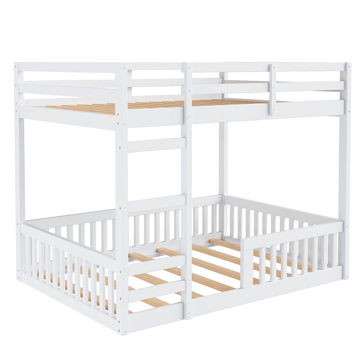 HouseOfZazla bunk bed set in white with guardrails, integrated ladder, and wooden slat base on Tampa Home & Garden Store