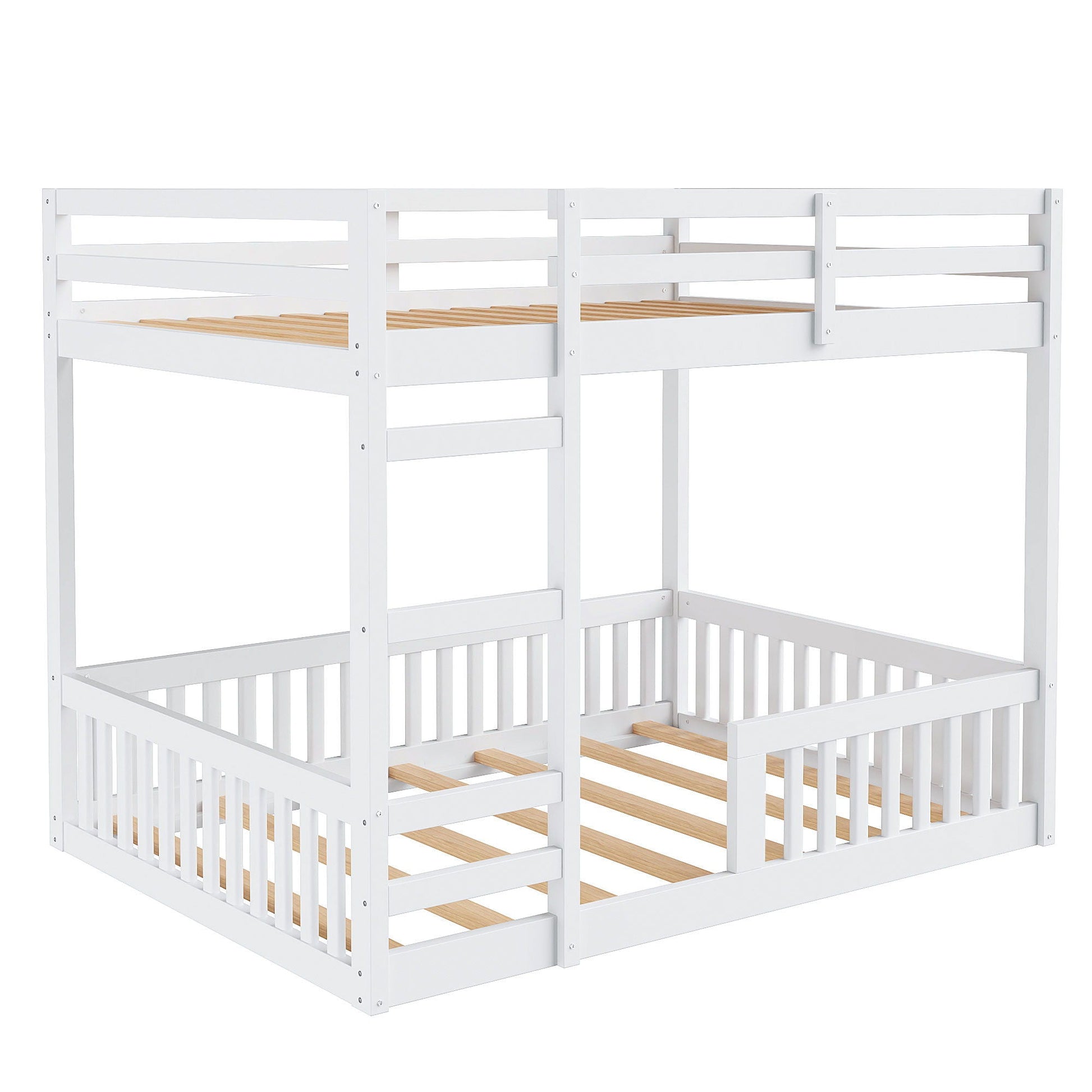 HouseOfZazla bunk bed set in white with guardrails, integrated ladder, and wooden slat base on Tampa Home & Garden Store