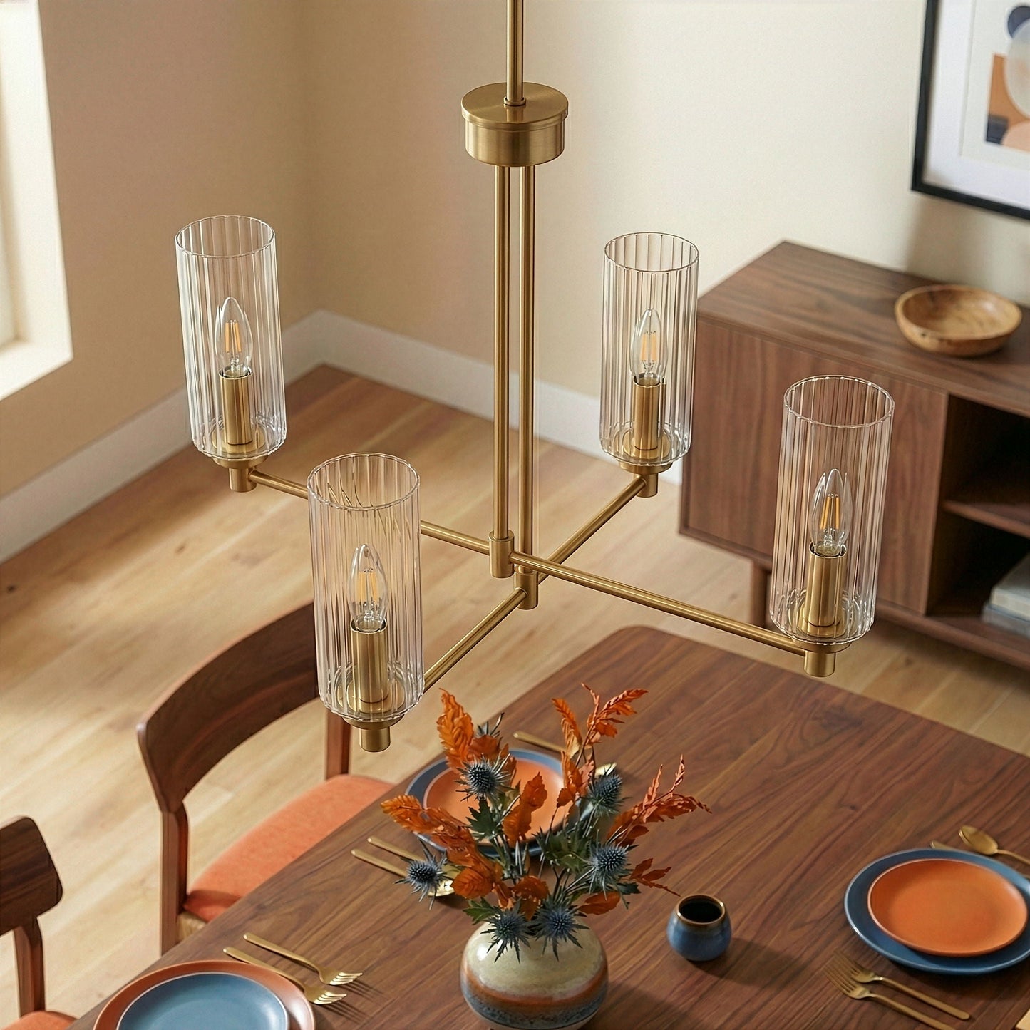 Enigma 4-light chandelier antique brass with clear ribbed glass shades HouseOfZazla on Tampa Home & Garden Store