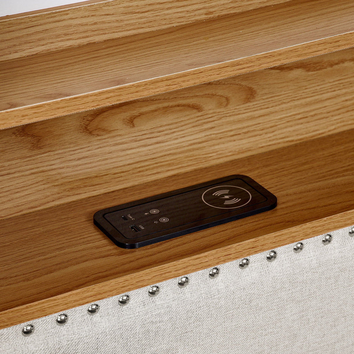 Twin upholstered sofa bed beige with wireless charging pad on wood bed frame on Tampa Home & Garden Store