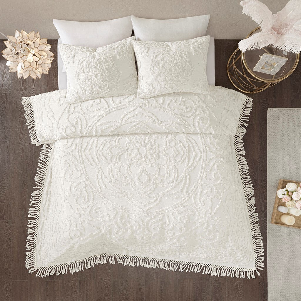 Tufted cotton chenille medallion fringe coverlet set offwhite with shams on bed on Tampa Home & Garden Store