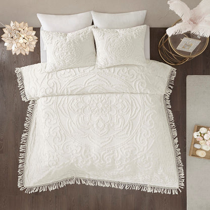 Tufted cotton chenille medallion fringe coverlet set offwhite with shams on bed on Tampa Home & Garden Store