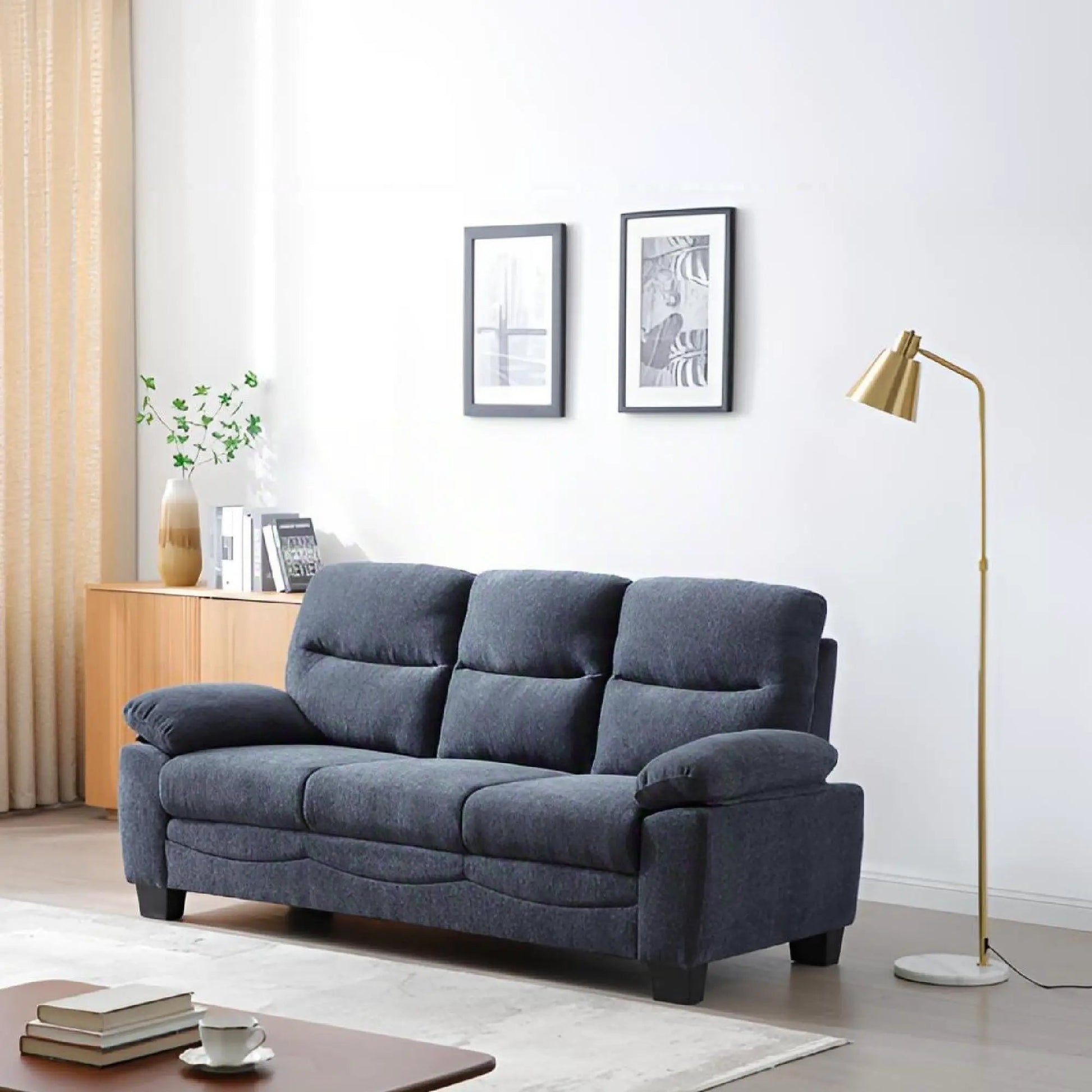 Summerton sofa with pillow top arms in dark blue-gray fabric, plush cushioned seating, stationary on Tampa Home & Garden Store