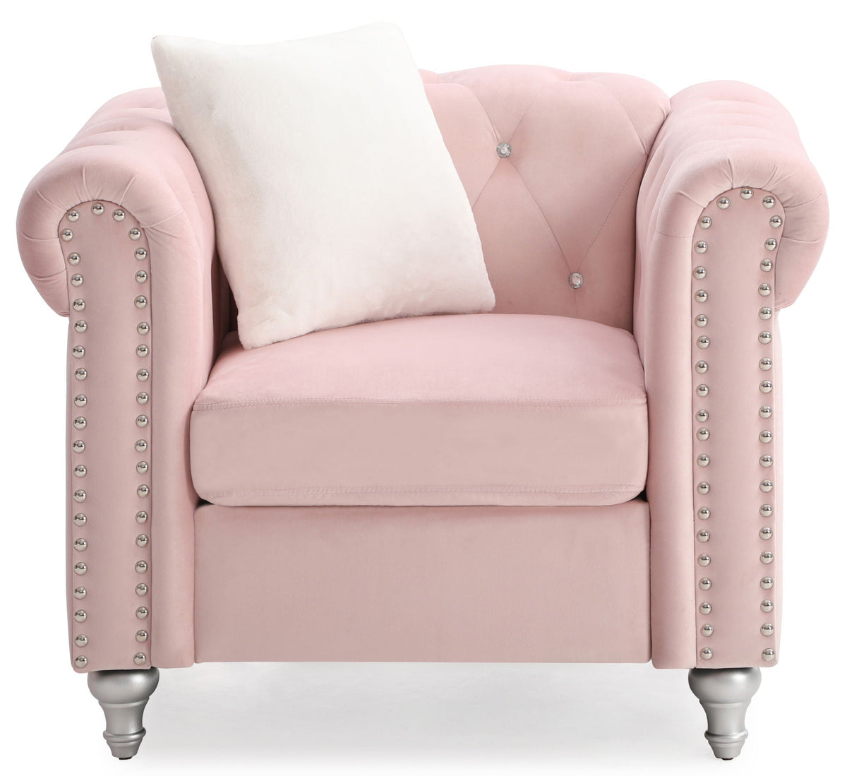 Contemporary pink velvet lounge chair with tufted back, faux jeweled buttons, and white pillow on Tampa Home & Garden Store