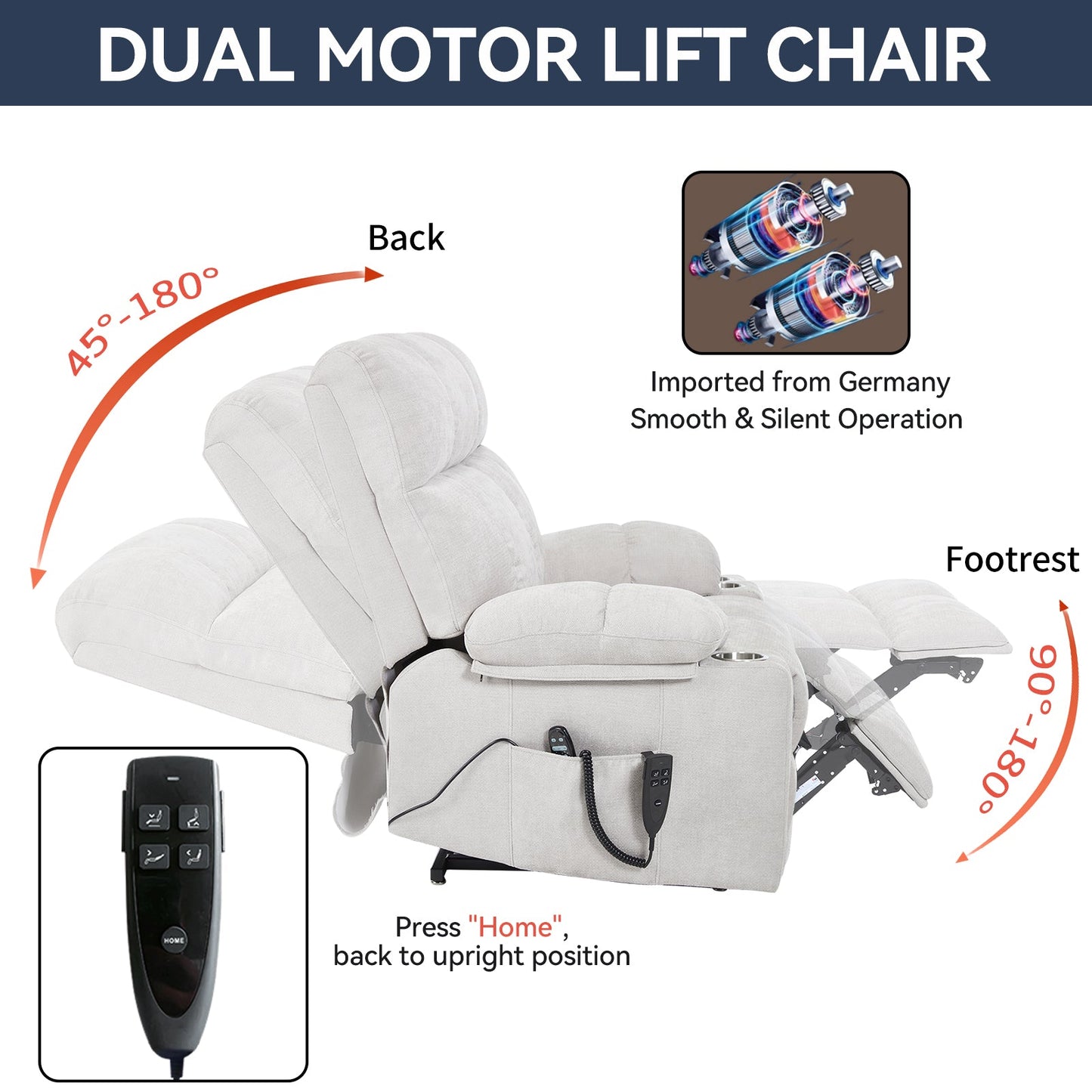 Beige dual-motor lift chair with remote, HouseOfZazla recliner 45–180° back range on Tampa Home & Garden Store