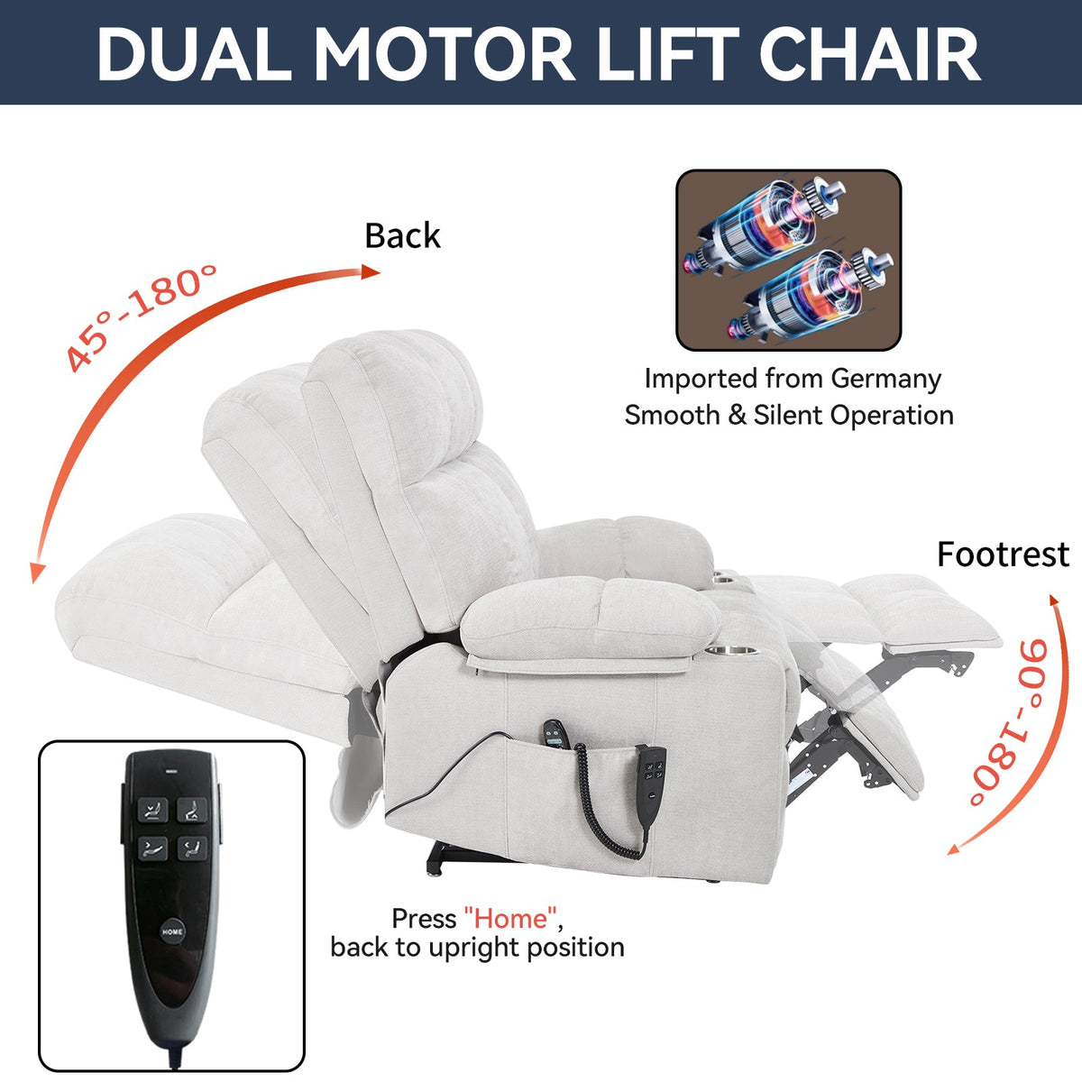Beige dual-motor lift chair with remote, HouseOfZazla recliner 45–180° back range on Tampa Home & Garden Store