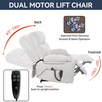 Beige dual-motor lift chair with remote, HouseOfZazla recliner 45–180° back range on Tampa Home & Garden Store