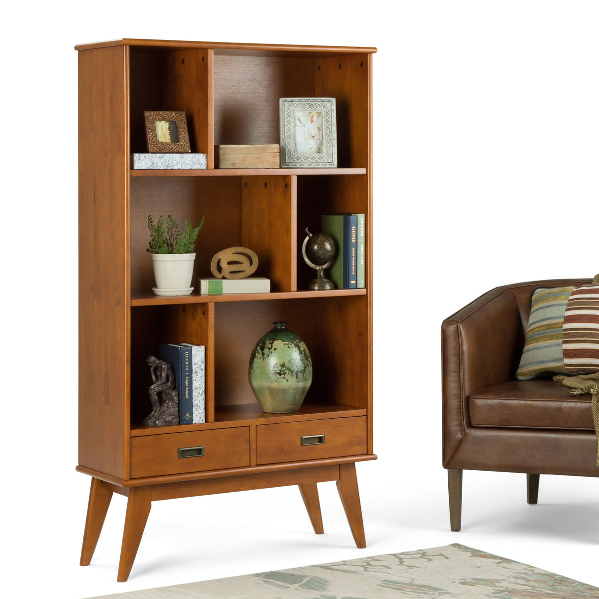 Mid Century Wide Bookcase with two storage drawers, warm wood finish, open shelves, angled legs on Tampa Home & Garden Store