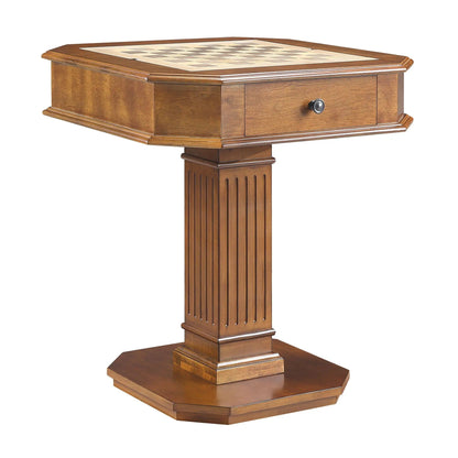 Galini walnut game table with chessboard inlay and single front drawer, carved octagonal edge on Tampa Home & Garden Store