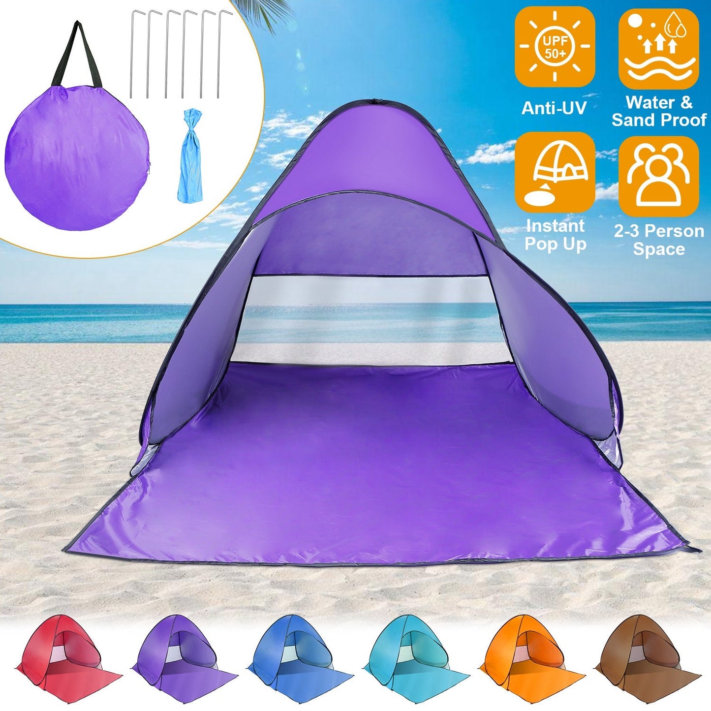 GemGear pop-up beach tent anti-UV waterproof canopy for 2-3 people with net window purple on Tampa Home & Garden Store