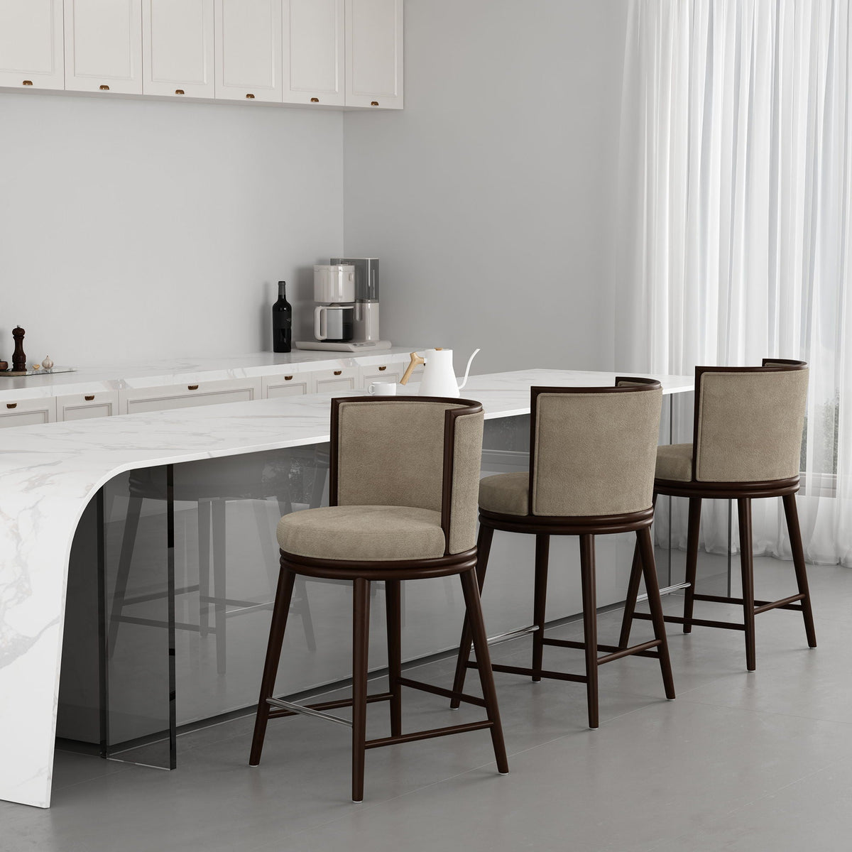 Evalyn Counter Stool set of 3; beige fabric upholstery with dark wood legs, counter height on Tampa Home & Garden Store