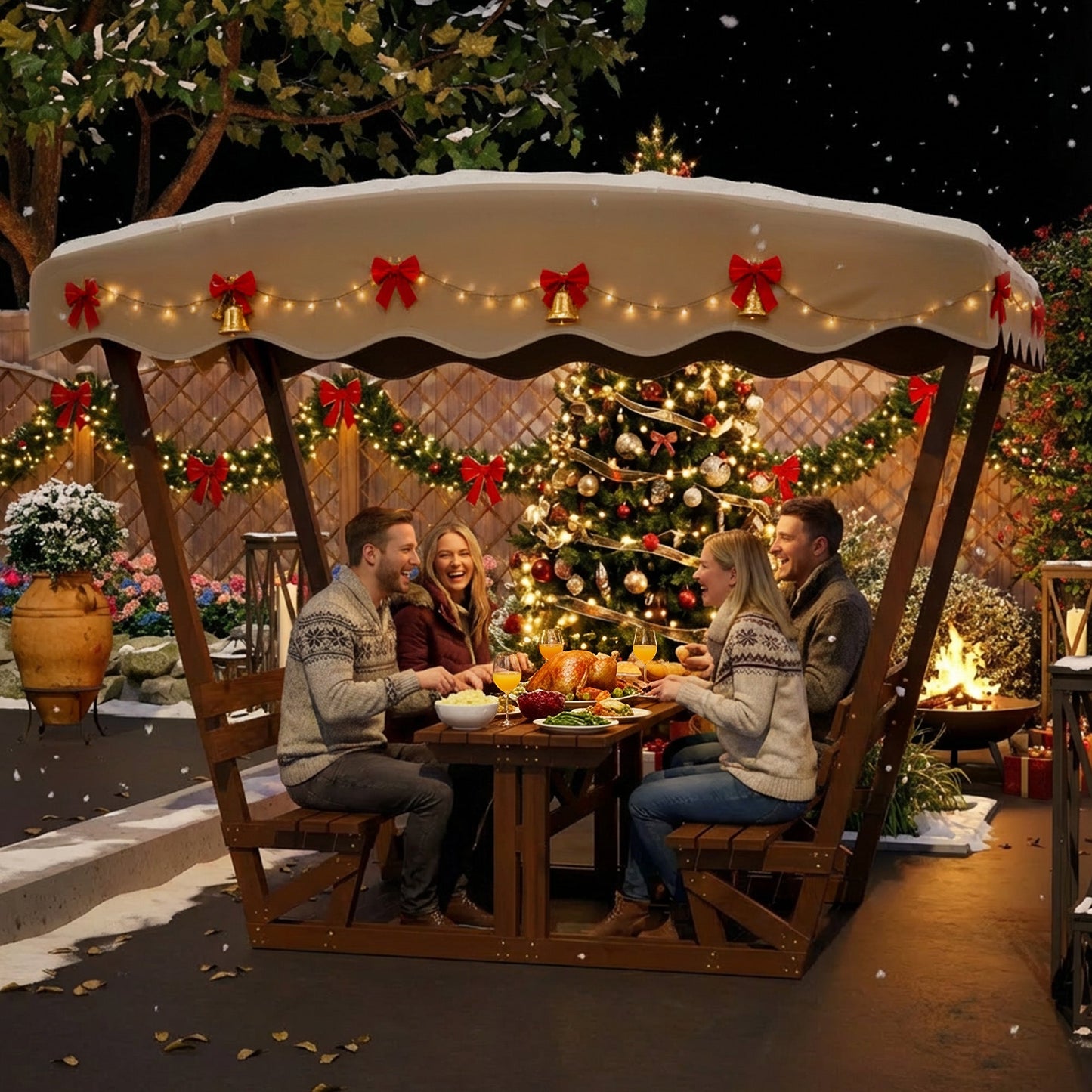 Outdoor Solid Wood Picnic Table with Canopy
