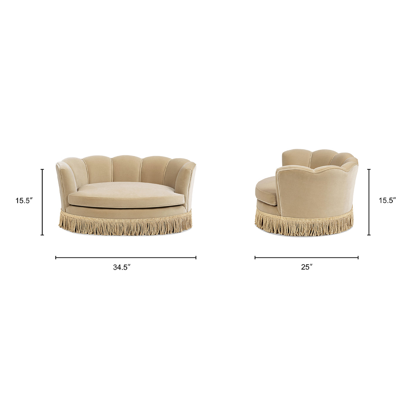 Clara 34.5in scalloped pet sofa bed by HouseOfZazla in fawn beige with fringe trim on Tampa Home & Garden Store