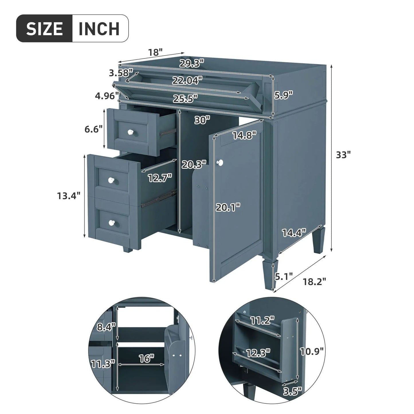 Bathroom vanity base with 2 drawers, tip-out drawer and cabinet in blue-gray finish by Unique Piece Furniture on Tampa Home & Garden Store