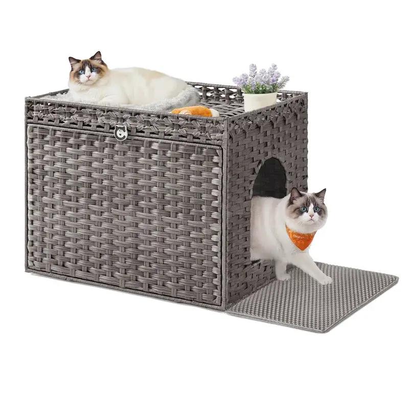 Handwoven gray rattan cat litter box cabinet with washable tray and two cats The Max & Rex Collection on Tampa Home & Garden Store