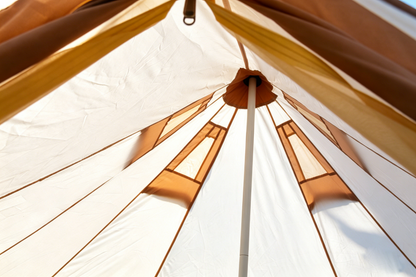 Oxford Bell Tent for Family Camping interior white canvas brown trim central pole HouseOfZazla on Tampa Home & Garden Store