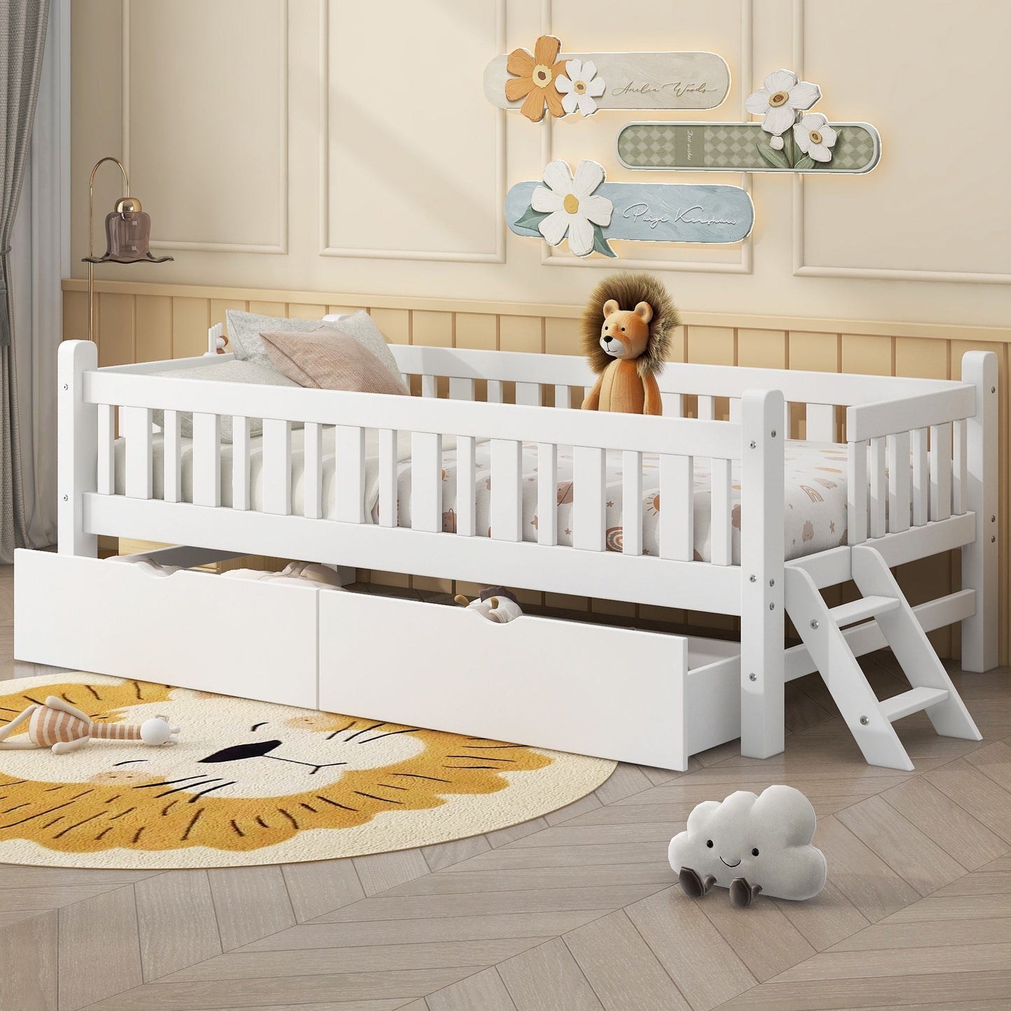 Platform bed with guardrail and two under-bed drawers in white storage bed on Tampa Home & Garden Store