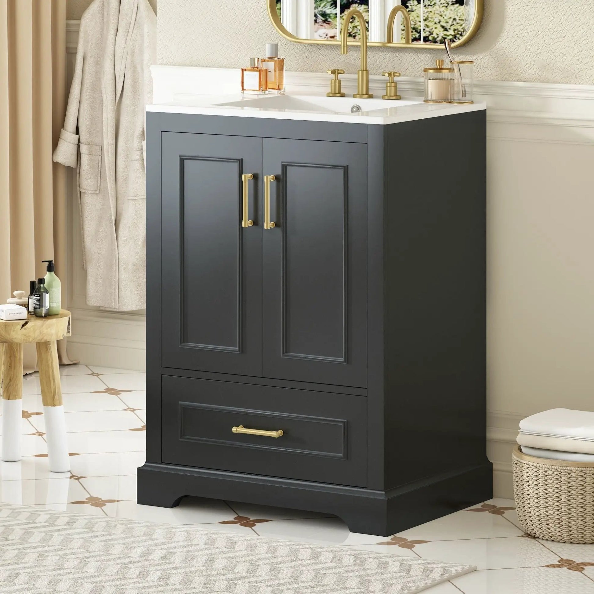Bathroom vanity with sink in gray, white top, brass hardware, 2 doors and divided drawer on Tampa Home & Garden Store