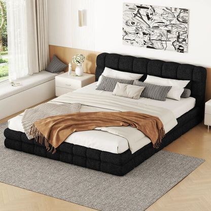Unique Piece Furniture upholstered platform bed with black tufted headboard and white bedding on Tampa Home & Garden Store