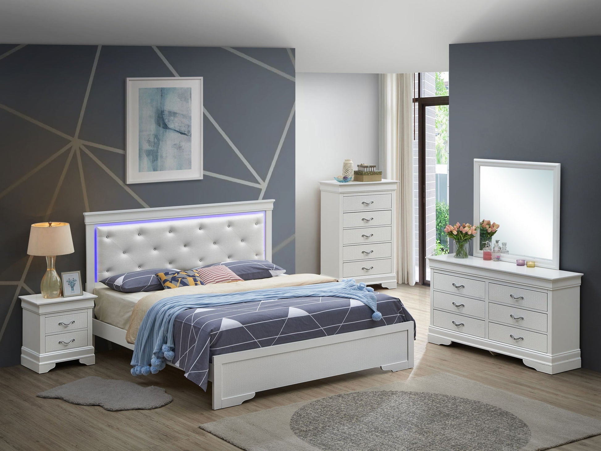 LED Elegant Bed upholstered in white, tufted headboard with subtle LED glow, HouseOfZazla on Tampa Home & Garden Store