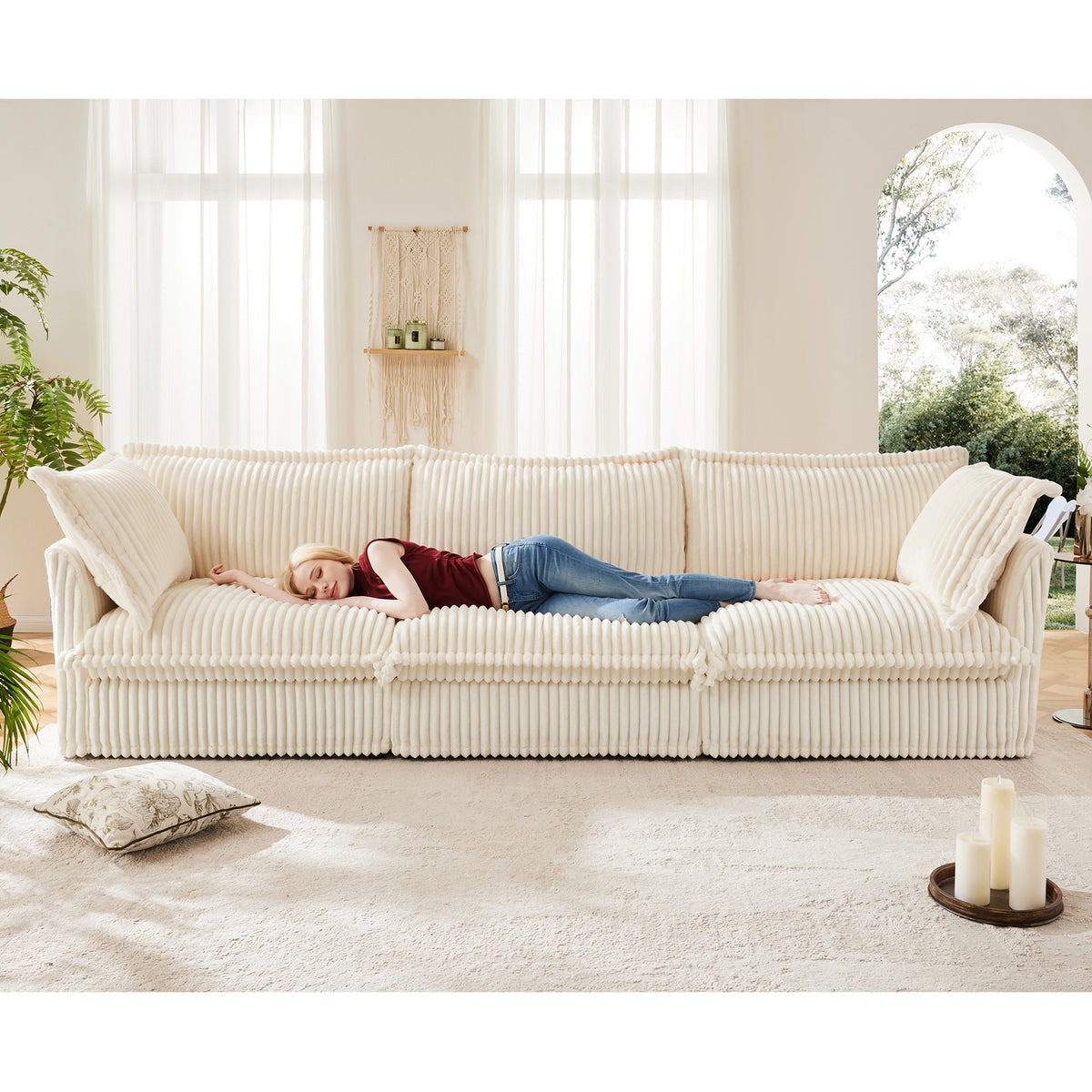 Modern Corduroy and Slipcovered Three Seater Sofa