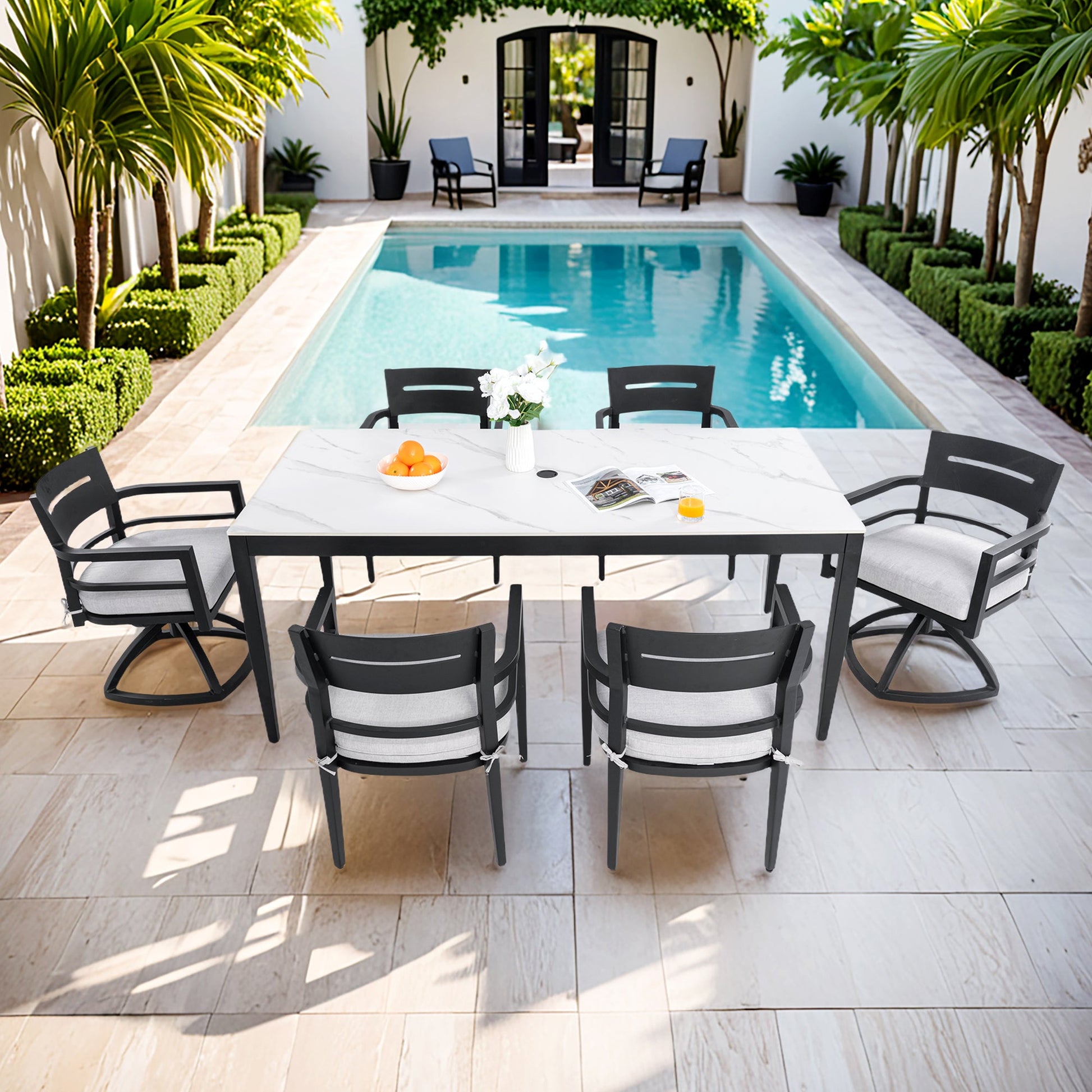 Modern 7PC Outdoor Patio Aluminum Dining Set black frames with cushions by HouseOfZazla on Tampa Home & Garden Store