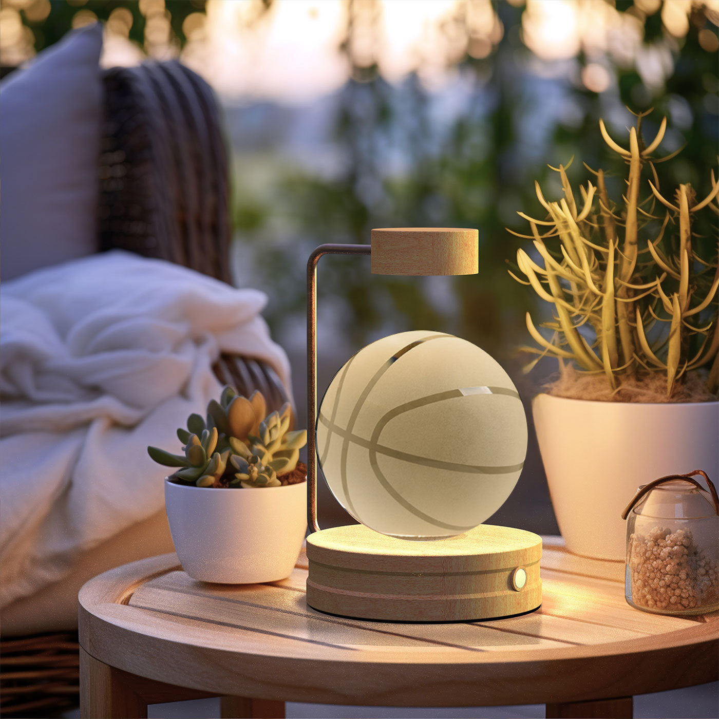 Crystal ball night light with warm glow on wooden base and copper arc stand, USB powered on Tampa Home & Garden Store