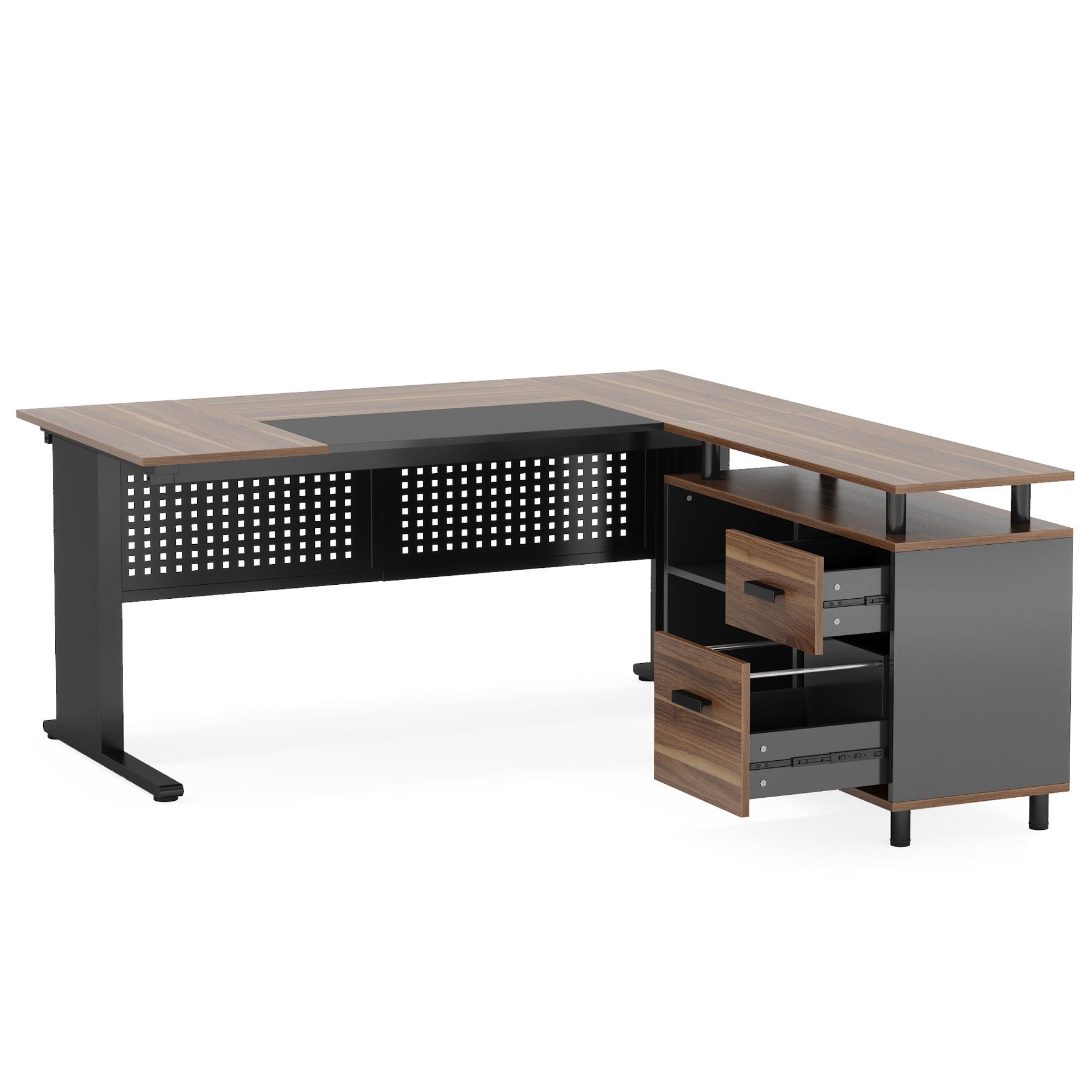 L-Shaped executive desk with filing cabinet, walnut top, black metal frame by HouseOfZazla on Tampa Home & Garden Store