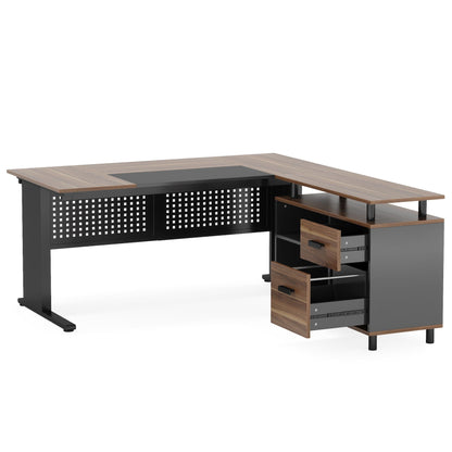 L-Shaped executive desk with filing cabinet, walnut top, black metal frame by HouseOfZazla on Tampa Home & Garden Store